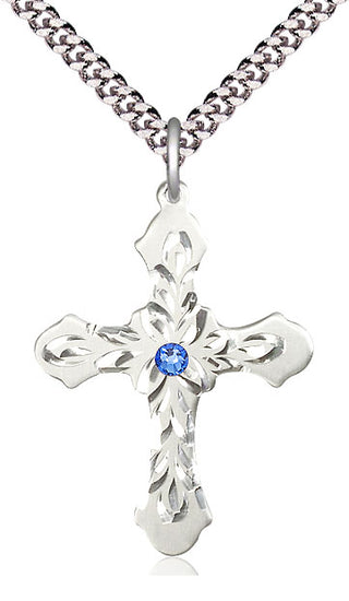 Sterling Silver Cross | 3mm Sapphire Swarovski stone | 24-inch Light Rhodium Chain | Engravable