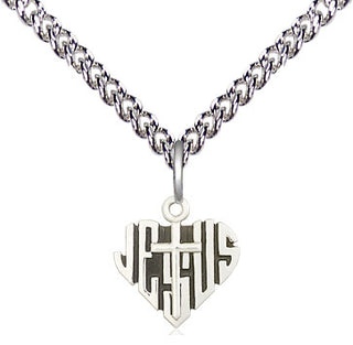 Sterling Silver Heart of Jesus w/Cross Medal Religious and Catholic Jewelry