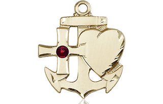 14kt Gold Filled Faith, Hope & Charity Pendant with a 3mm Garnet Swarovski stone on an 24-inch Gold Plate Heavy Curb Chain