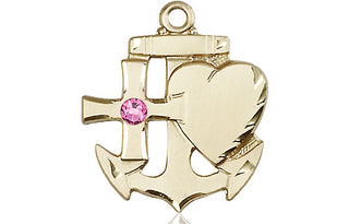 14kt Gold Filled Faith, Hope & Charity Pendant with a 3mm Rose Swarovski stone on an 24-inch Gold Plate Heavy Curb Chain