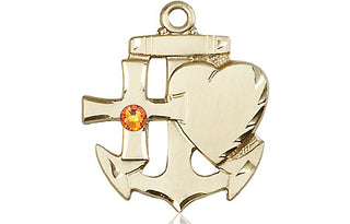 14kt Gold Filled Faith, Hope & Charity Pendant with a 3mm Topaz Swarovski stone on an 24-inch Gold Plate Heavy Curb Chain