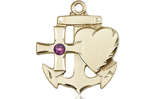 14kt Gold Filled Faith, Hope & Charity Pendant with a 3mm Amethyst Swarovski stone on an 24-inch Gold Plate Heavy Curb Chain