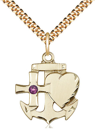 14kt Gold Filled Faith, Hope & Charity Pendant with 3mm Amethyst Swarovski Necklace