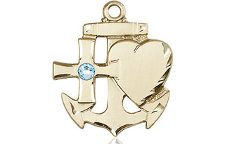 14kt Gold Filled Faith, Hope & Charity Pendant with a 3mm Aqua Swarovski stone on an 24-inch Gold Plate Heavy Curb Chain