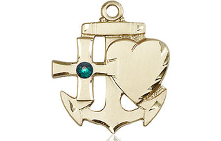 14kt Gold Filled Faith, Hope & Charity Pendant with a 3mm Emerald Swarovski stone on an 24-inch Gold Plate Heavy Curb Chain