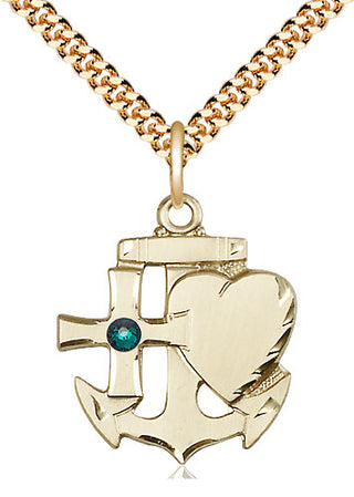 14kt Gold Filled Faith, Hope & Charity Pendant with 3mm Emerald Swarovski Necklace