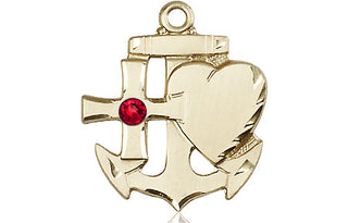 14kt Gold Filled Faith, Hope & Charity Pendant with a 3mm Ruby Swarovski stone on an 24-inch Gold Plate Heavy Curb Chain