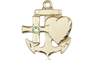 14kt Gold Filled Faith, Hope & Charity Pendant with a 3mm Peridot Swarovski stone on an 24-inch Gold Plate Heavy Curb Chain