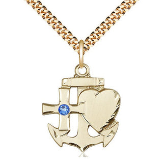 14kt Gold Filled Faith, Hope & Charity Pendant with 3mm Sapphire Swarovski Necklace