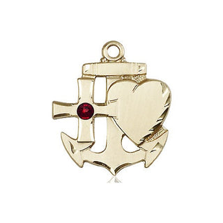 14kt Gold Faith, Hope & Charity Medal with a 3mm Garnet Swarovski stone