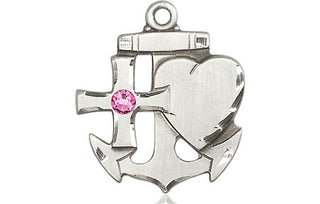 Sterling Silver Faith, Hope & Charity Pendant with a 3mm Rose Swarovski stone on an 24-inch Light Rhodium Heavy Curb Chain