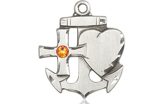Sterling Silver Faith, Hope & Charity Pendant with a 3mm Topaz Swarovski stone on an 24-inch Light Rhodium Heavy Curb Chain