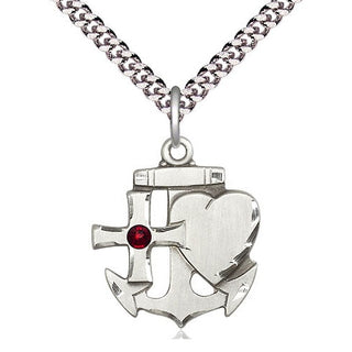 Sterling Silver Faith, Hope & Charity Pendant with 3mm Garnet Swarovski Necklace