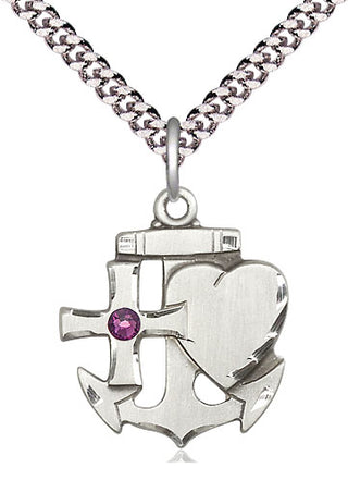 Sterling Silver Faith, Hope & Charity Pendant with 3mm Amethyst Swarovski Necklace