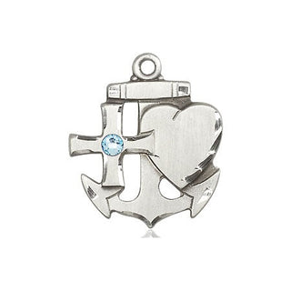 Sterling Silver Faith, Hope & Charity Pendant with a 3mm Aqua Swarovski stone on an 24-inch Light Rhodium Heavy Curb Chain