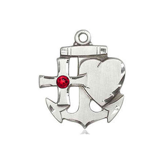 Sterling Silver Faith, Hope & Charity Pendant with a 3mm Ruby Swarovski stone on an 24-inch Light Rhodium Heavy Curb Chain