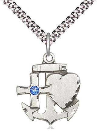 Sterling Silver Faith, Hope & Charity Pendant with 3mm Sapphire Swarovski Necklace