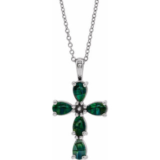 14K White Lab-Grown Mosaic Opal Cabochon Cross 16-18" Necklace