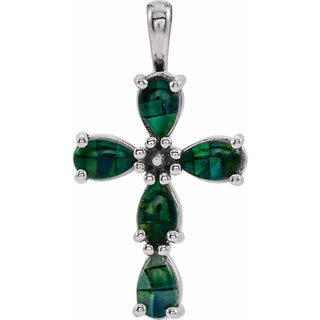 14K White  Lab-Grown Mosaic Opal Cabochon Cross Pendant
