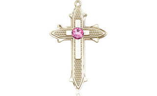14kt Gold Filled Cross on Cross Pendant with a 3mm Rose Swarovski stone on an 18-inch Gold Filled Light Curb Chain Engraved Catholic Saint Jewelry