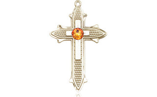 14kt Gold Filled Cross on Cross Pendant with a 3mm Topaz Swarovski stone on an 18-inch Gold Filled Light Curb Chain Engraved Catholic Saint Jewelry