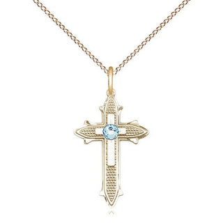 14kt Gold Filled Cross on Cross | 3mm Aqua Swarovski stone | 18-inch Gold Filled Chain | Engravable