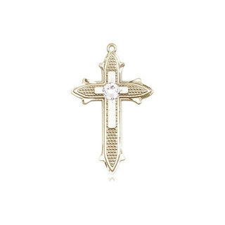 14kt Gold Filled Cross on Cross Pendant with a 3mm Crystal Swarovski stone on an 18-inch Gold Filled Light Curb Chain Engraved Catholic Saint Jewelry