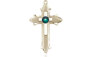 14kt Gold Filled Cross on Cross Pendant with a 3mm Emerald Swarovski stone on an 18-inch Gold Filled Light Curb Chain Engraved Catholic Saint Jewelry