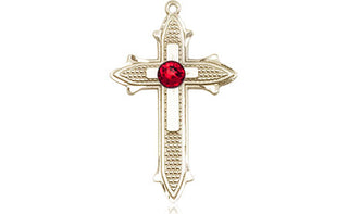 14kt Gold Filled Cross on Cross Pendant with a 3mm Ruby Swarovski stone on an 18-inch Gold Filled Light Curb Chain Engraved Catholic Saint Jewelry