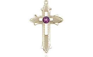 14kt Gold Cross on Cross Medal with a 3mm Amethyst Swarovski stone Engraved Catholic Saint Jewelry
