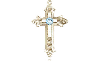 14kt Gold Cross on Cross Medal with a 3mm Aqua Swarovski stone Engraved Catholic Saint Jewelry