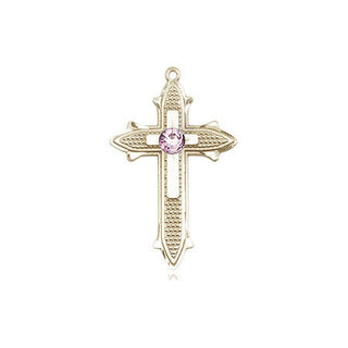 14kt Gold Cross on Cross Medal with a 3mm Light Amethyst Swarovski stone Engraved Catholic Saint Jewelry