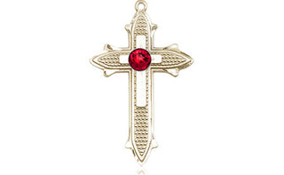 14kt Gold Cross on Cross Medal with a 3mm Ruby Swarovski stone Engraved Catholic Saint Jewelry