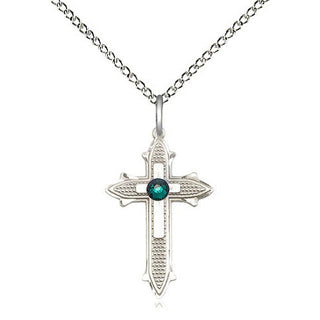 Sterling Silver Cross on Cross | 3mm Emerald Swarovski stone | 18-inch Sterling Silver Chain | Engravable