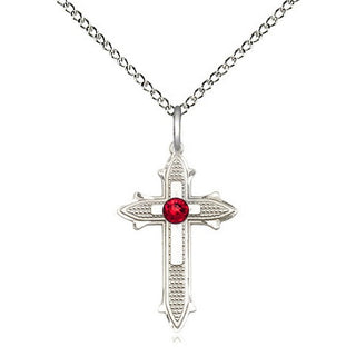 Sterling Silver Cross on Cross | 3mm Ruby Swarovski stone | 18-inch Sterling Silver Chain | Engravable