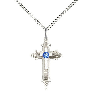 Sterling Silver Cross on Cross | 3mm Sapphire Swarovski stone | 18-inch Sterling Silver Chain | Engravable