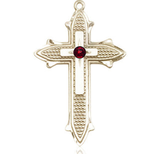 14kt Gold Filled Cross on Cross Pendant with a 3mm Garnet Swarovski stone on an 24-inch Gold Plate Heavy Curb Chain Engraved Catholic Saint Jewelry