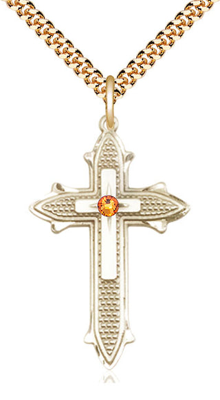 14kt Gold Filled Cross on Cross | 3mm Topaz Swarovski stone | 24-inch Gold Plate Chain | Engravable
