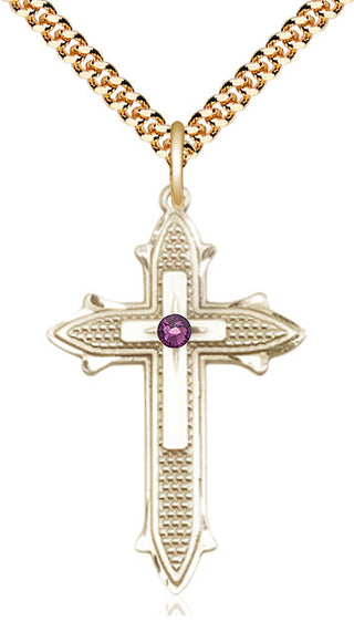 14kt Gold Filled Cross on Cross | 3mm Amethyst Swarovski stone | 24-inch Gold Plate Chain | Engravable