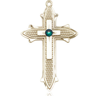 14kt Gold Filled Cross on Cross Pendant with a 3mm Emerald Swarovski stone on an 24-inch Gold Plate Heavy Curb Chain Engraved Catholic Saint Jewelry