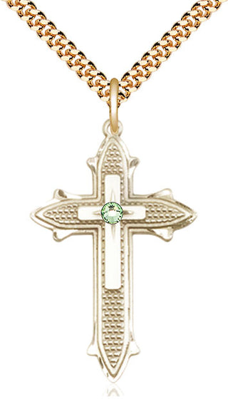 14kt Gold Filled Cross on Cross | 3mm Peridot Swarovski stone | 24-inch Gold Plate Chain | Engravable