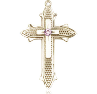 14kt Gold Cross on Cross Medal with a 3mm Light Amethyst Swarovski stone Engraved Catholic Saint Jewelry
