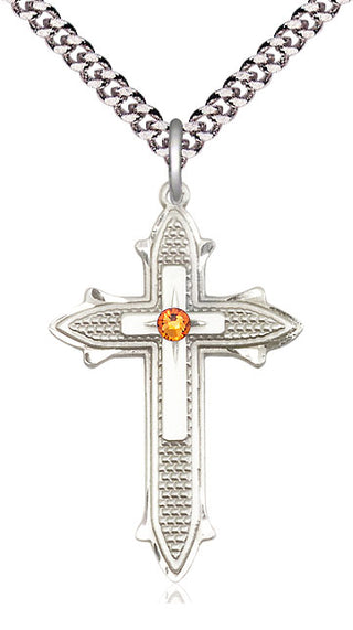 Sterling Silver Cross on Cross | 3mm Topaz Swarovski stone | 24-inch Light Rhodium Chain | Engravable