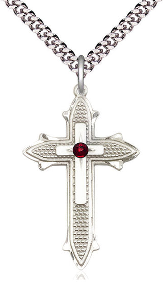 Sterling Silver Cross on Cross | 3mm Garnet Swarovski stone | 24-inch Light Rhodium Chain | Engravable