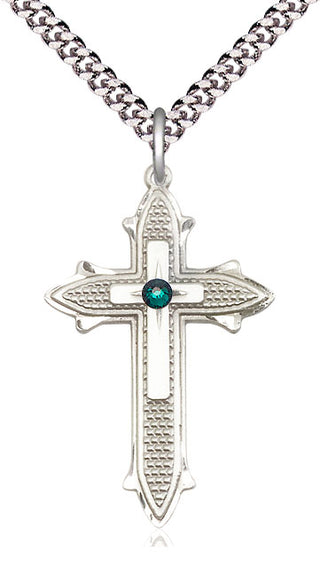 Sterling Silver Cross on Cross | 3mm Emerald Swarovski stone | 24-inch Light Rhodium Chain | Engravable