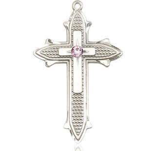 Sterling Silver Cross on Cross Pendant with a 3mm Light Amethyst Swarovski stone on an 24-inch Light Rhodium Heavy Curb Chain Engraved Catholic Saint Jewelry