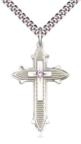 Sterling Silver Cross on Cross | 3mm Light Amethyst Swarovski stone | 24-inch Light Rhodium Chain | Engravable