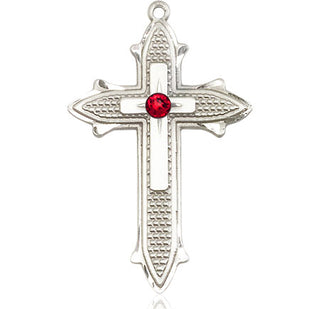 Sterling Silver Cross on Cross Pendant with a 3mm Ruby Swarovski stone on an 24-inch Light Rhodium Heavy Curb Chain Engraved Catholic Saint Jewelry