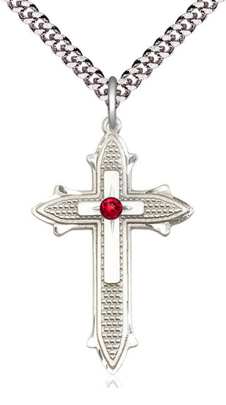 Sterling Silver Cross on Cross | 3mm Ruby Swarovski stone | 24-inch Light Rhodium Chain | Engravable