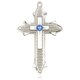 Sterling Silver Cross on Cross Pendant with a 3mm Sapphire Swarovski stone on an 24-inch Light Rhodium Heavy Curb Chain Engraved Catholic Saint Jewelry
